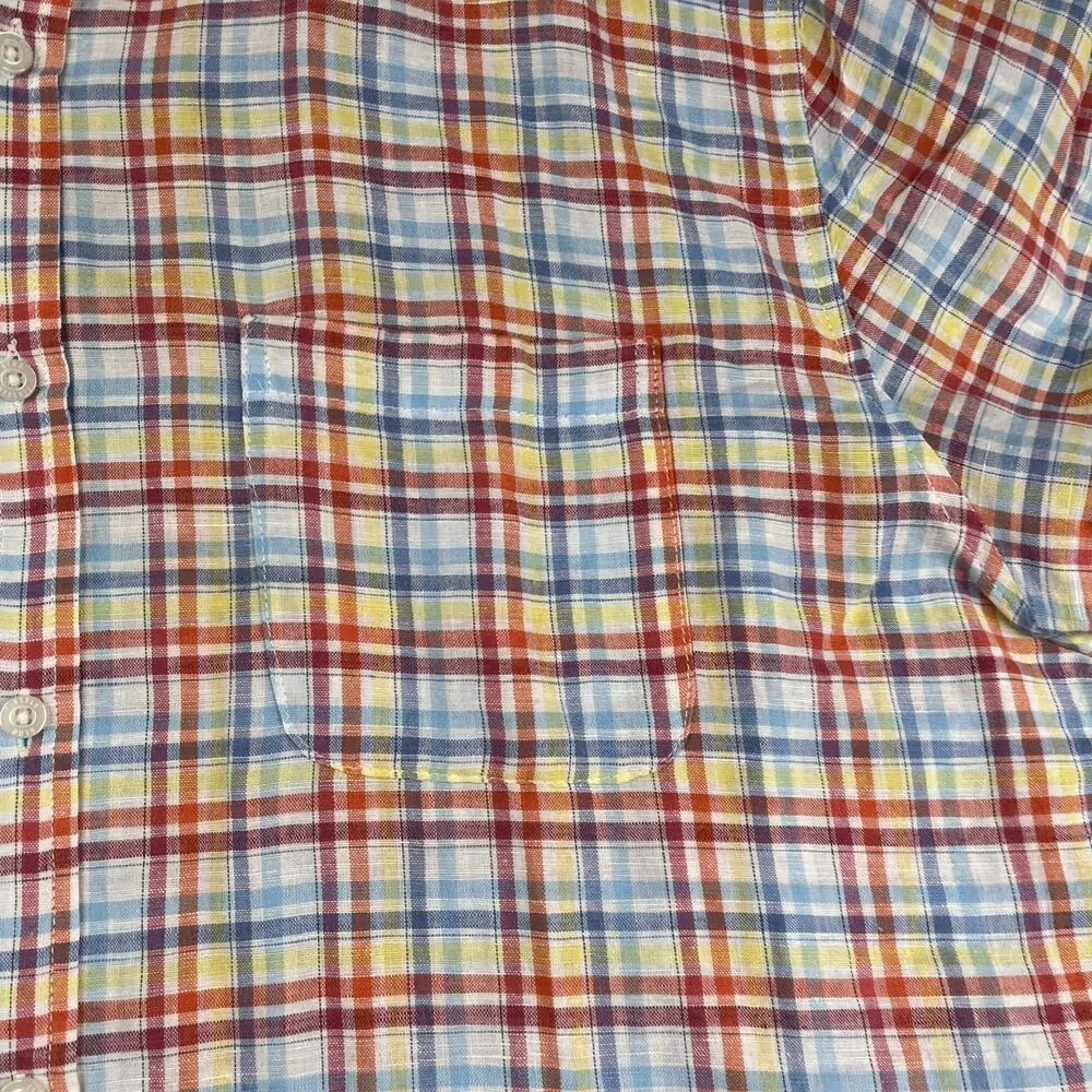 Alan Flusser Linen Blend Shirt Colorful Plaid Pocket Short Sleeve Button Up L